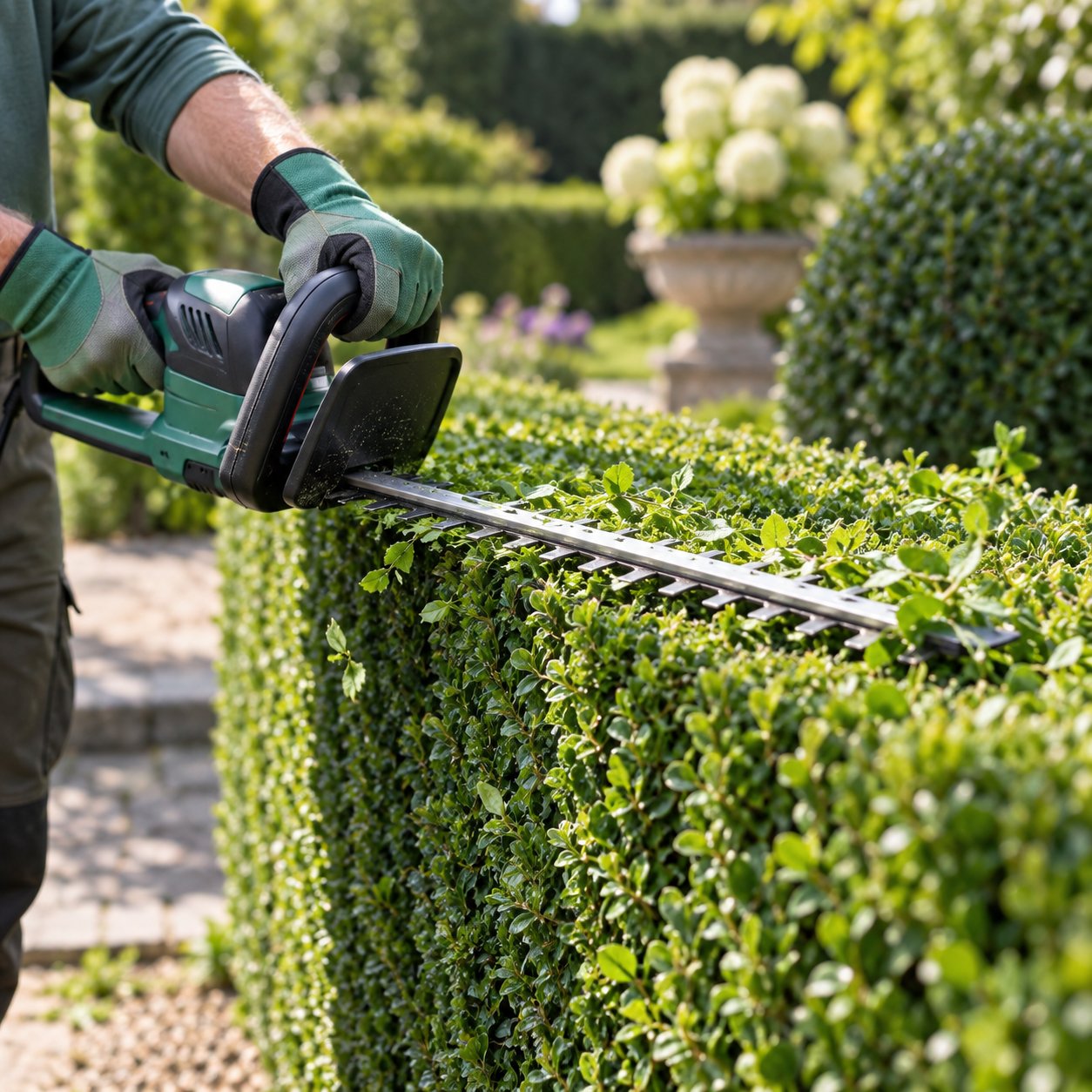 Gloved hands using electric hedge trimmers to cut a neat formal hedge