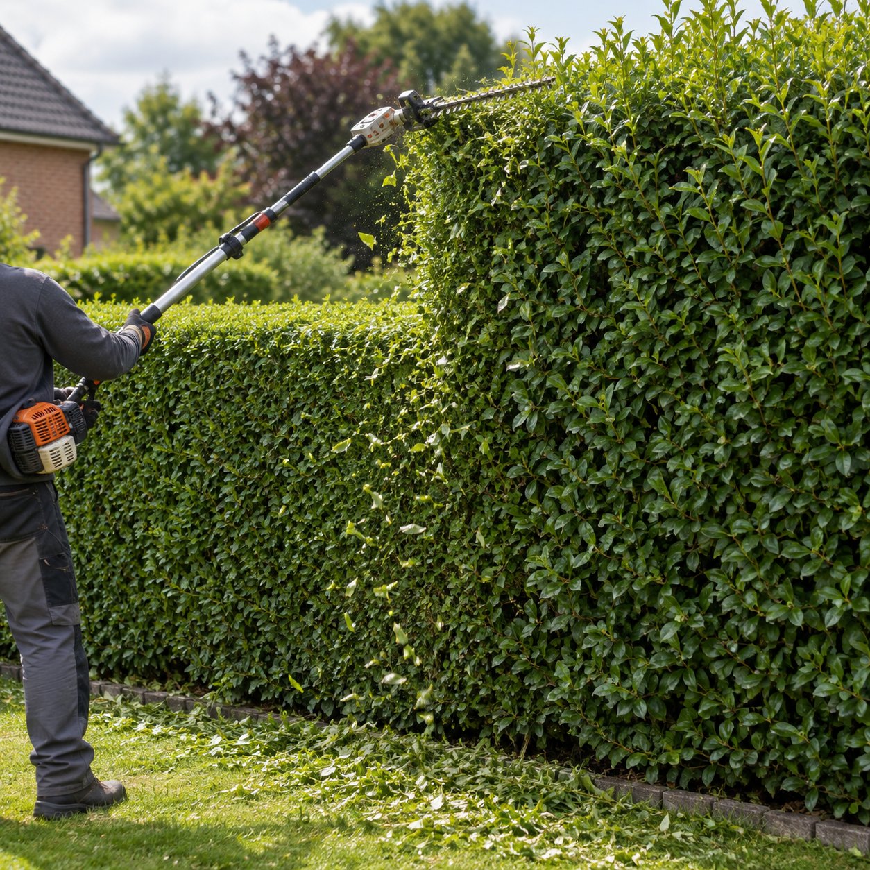 Overgrown garden hedge being reduced back to a manageable height